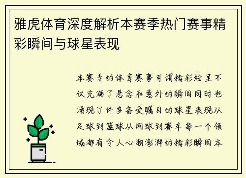 雅虎体育深度解析本赛季热门赛事精彩瞬间与球星表现