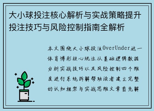 大小球投注核心解析与实战策略提升投注技巧与风险控制指南全解析